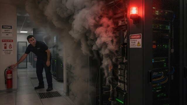Technician Reaching for Fire Extinguisher During Server Room Fire Emergency in Data Center