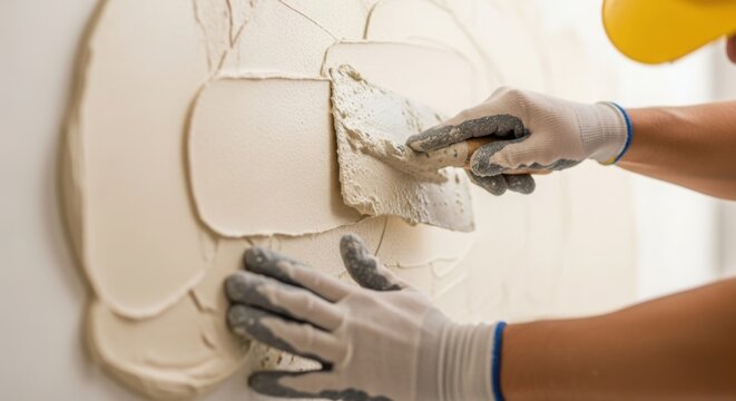 Application of plaster on wall by skilled worker using trowel in home renovation process. Plastering involves careful technique with right tools for smooth finish, creating polished surfaces.