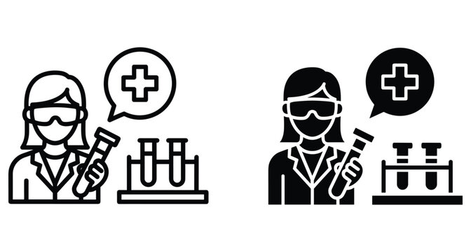 Female scientist icon set featuring woman in lab coat with goggles holding test tube and rack with medical cross symbol