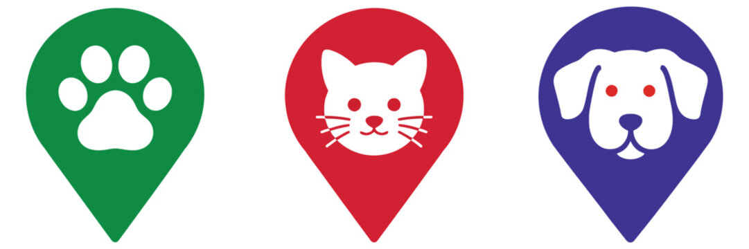 Pet Map Pin Icon Collection Featuring Cat, Dog and Paw Symbols for Veterinary Clinics and Animal Care Services