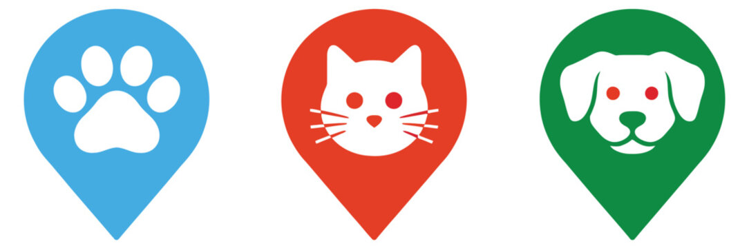 Pet Location Pin Icons Vector Set with Paw, Cat and Dog Symbols for Veterinary and Animal Service Design