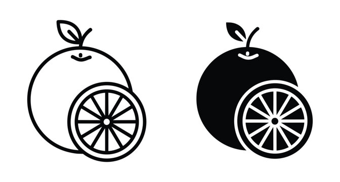 Orange fruit icon set featuring whole citrus with leaf and sliced segment in outline and solid black silhouette vector styles