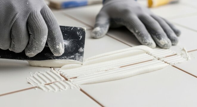 Tiling repair process with close-up of hands applying adhesive on ceramic tiles. Tiling repair includes careful application of white adhesive for precise coverage on tile joints.