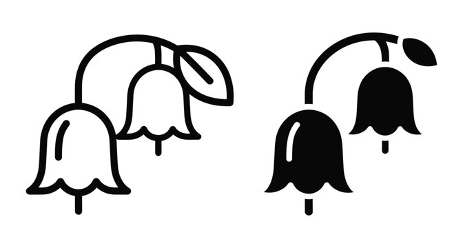 Lily of the valley flower icon set featuring minimalist bell shaped blossoms with stems and leaves in outline and solid styles