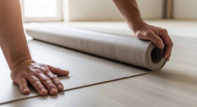 Installing laminate flooring with hands rolling out paper for a smooth surface. Preparation stage includes careful alignment of laminate sheets and ensuring a perfect fit.