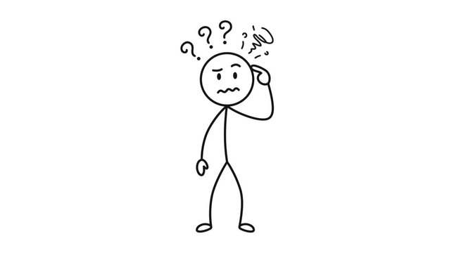 Confused stick figure man with question marks over his head, expressing stress and perplexity, on an isolated white background.