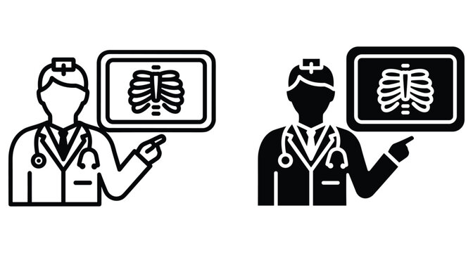 Doctor pointing at chest xray film showing rib cage bones in outline and solid glyph style medical healthcare icon set