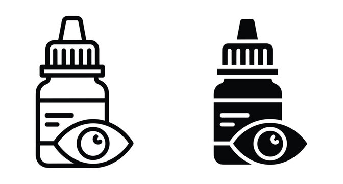 Eye drop bottle icon set with medical liquid container and human eye symbol for vision care and ophthalmology treatment