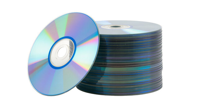 Isolated large stack of blank reflective data storage compact discs and one leaning CD