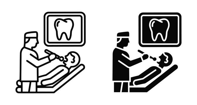 Dentist examining patient in dental chair with tooth xray display icon set for healthcare medical clinic stomatology oral hygiene services