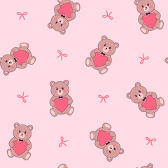 Fototapeta premium Seamless pattern with teddy bears holding hearts and pink bows. Vector background for Valentine’s Day designs.