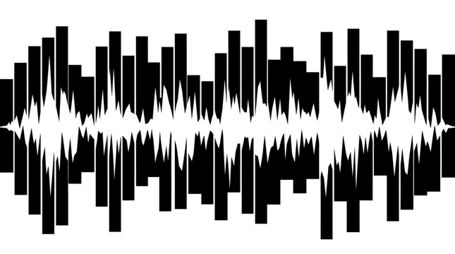 Jagged White Sound Wave Line amidst Black Vertical Bars, Isolated White Background Audio Visualization.