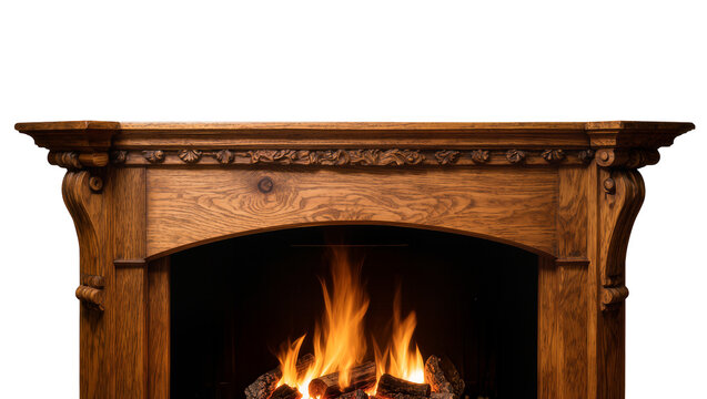 Isolated classic wooden fireplace mantel with elegant carvings and realistic burning fire