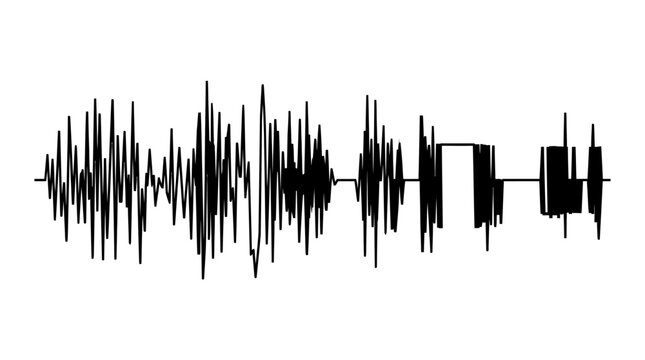 Abstract Black Sound Wave Line with Jagged and Blocky Sections, Isolated White Background Audio Data.