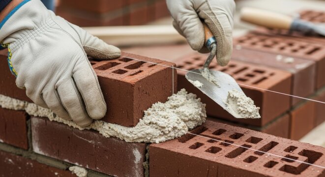 Bricklaying process with skilled worker placing bricks using trowel and mortar mixture. Bricklayer expertly aligns red bricks while applying concrete for strong construction.