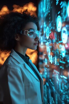 Businesswoman giving AI-powered diagnostics software demo