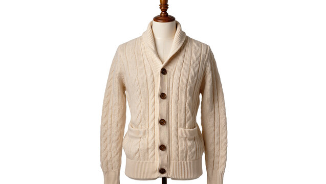 Isolated cream cable knit shawl collar cardigan on a mannequin, cozy winter fashion attire