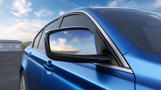 The blue car reflects a stunning sky in its side mirror while parked on a paved surface with a building in the background under a bright sky with light clouds.