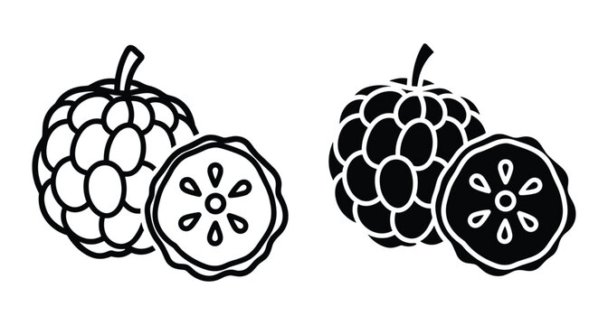 Custard apple fruit icon set featuring whole cherimoya and sliced half with seeds in black line art and solid silhouette style