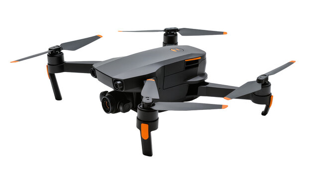 Isolated modern grey and black remote control quadcopter drone with orange accents and camera