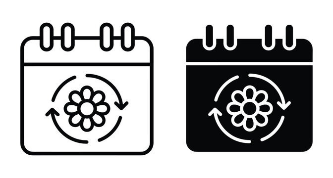 Calendar icon with flower and circular arrows representing spring season recurring events gardening schedule nature cycle floral planning and seasonal changes