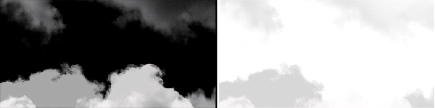Thick smoke clouds low lying atmospheric effect dark grey isolated on black and transparent background.