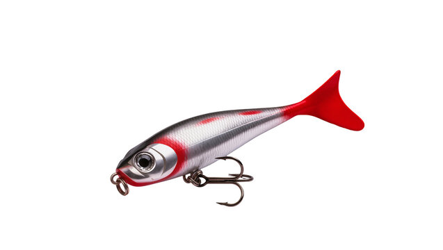 Isolated silver fishing lure with red tail and treble hooks, bait for angling, casting