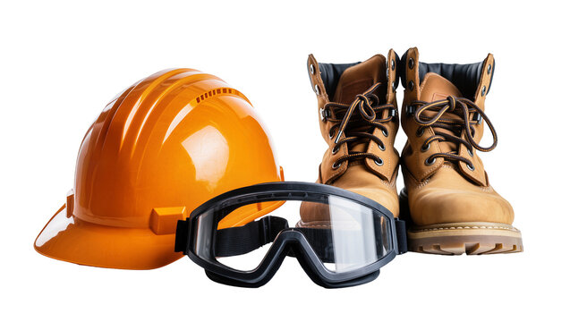 Isolated personal protective equipment for construction work including hard hat, goggles, and boots