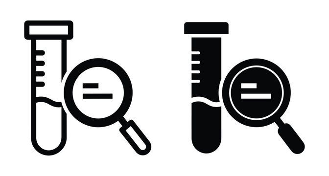 Laboratory test tube with liquid and magnifying glass icon set representing scientific research analysis medical diagnostic testing chemistry experiment discovery
