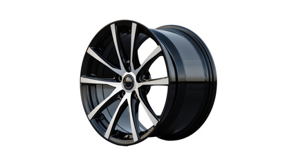 Obraz premium Isolated modern black and silver alloy car wheel, stylish multi-spoke design, shiny automotive part