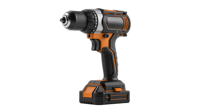 Isolated cordless power drill driver with battery pack, black and orange electric tool