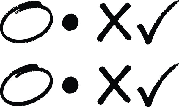 Black hand-drawn checkmarks, crosses, circles, and dots on white