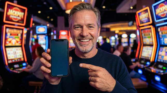 Casino Win & Mobile Gaming: A man, filled with glee and excitement, presents a mobile phone screen in front of a colorful casino, with slot machines and jackpot lights in the backdrop.
