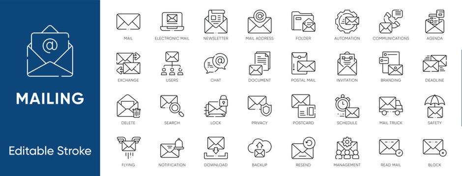 Email Mailing Envelope Newsletter Postal Icon Set. Editable vectors for communication chat, address notification, and inbox