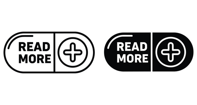 Read more button icon set with plus symbol in outline and solid black styles for website interface and mobile application design