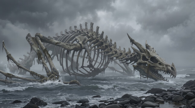 Colossal dragon bones lay bleached and barnacle-crusted in the churning surf of a dark, rocky shore. The scene is a somber monument to fallen power amidst a cold, misty ocean gale.