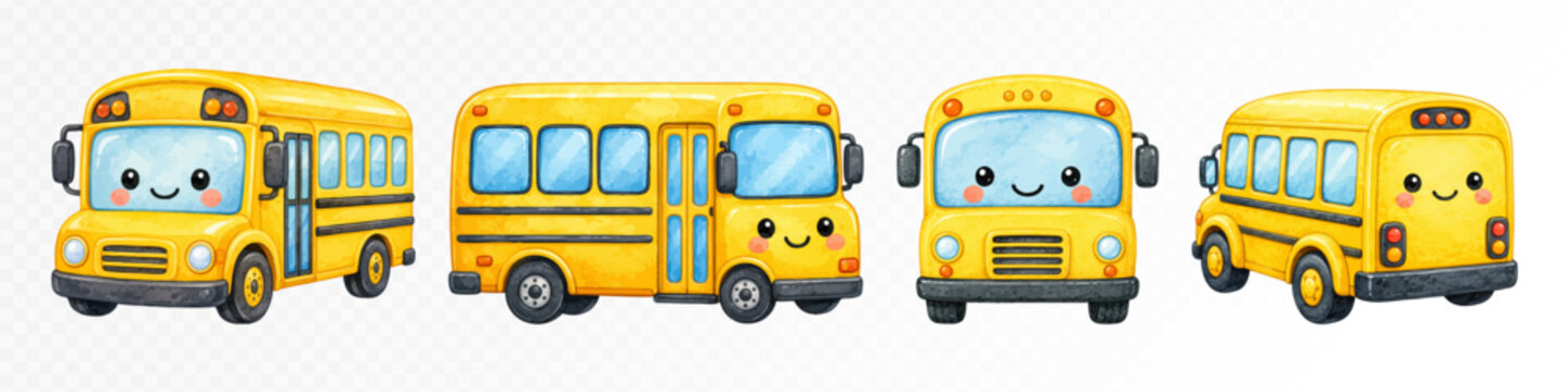 Yellow school bus mini collection with front, side and angled views, cute kawaii faces and bright back to school transport style. Vector illustration.