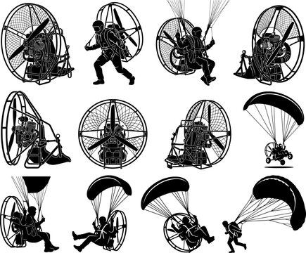Paramotor and Powered Paraglider Silhouette Set, Extreme Air Sports and Paragliding Icons