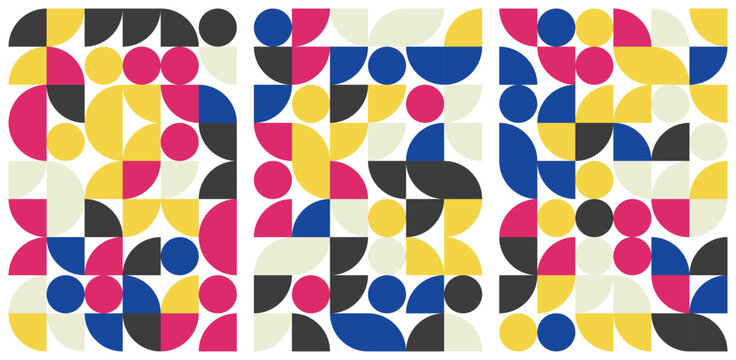 Abstract geometric pattern with colorful semicircles and circles in a modern bauhaus style