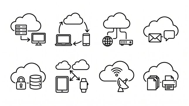 Minimalist line-art illustration showing eight cloud computing icons with servers, computers, and data connections, symbolizing storage, synchronization, networking, and digital communication in moder