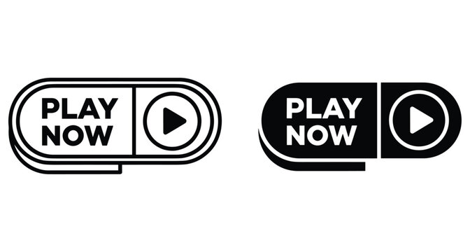 Play now button icon set with outline and solid versions for video player interface gaming website and mobile application design