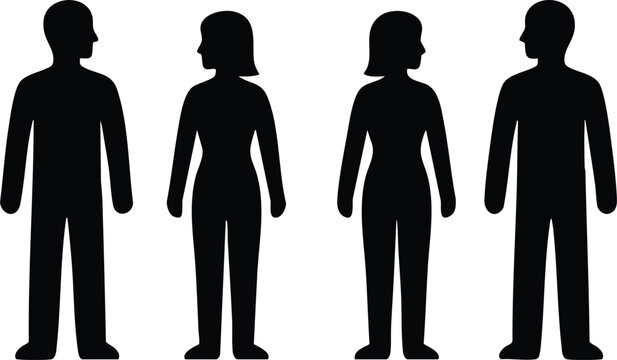 Silhouettes of four people in a line, black and white style figures