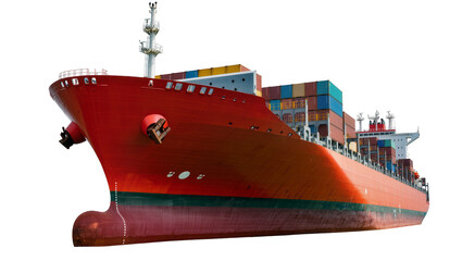Isolated large red cargo container ship transporting goods across oceans, global freight logistics © Andrei