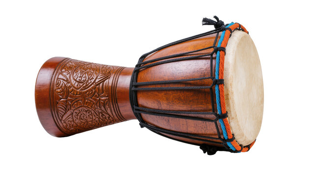 Isolated traditional African djembe drum with intricate carved wood and colorful rope tuning
