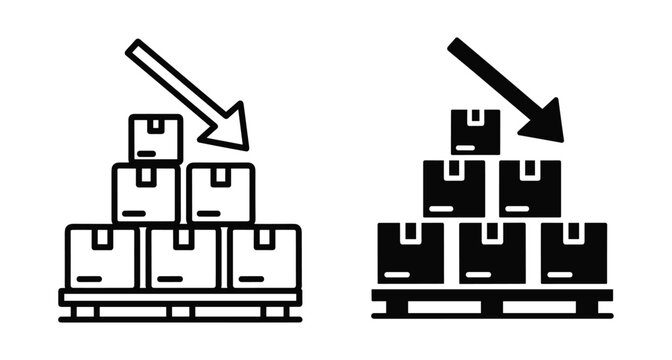 Inventory reduction icon showing cardboard boxes stacked on wooden pallet with downward arrow representing low stock levels and warehouse management