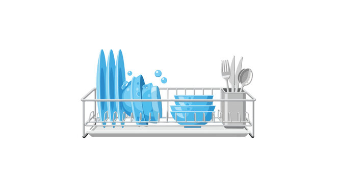 Modern wire dish drying rack with clean blue plates bowls and cutlery illustration