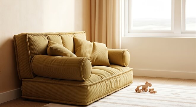 Cozy children's corduroy sofa with pillows in a warm, sunlit nursery, showing soft indents from play, perfect for copy space.