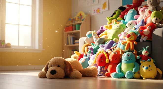 Cozy playroom corner with pile of stuffed animals by window, evoking childhood imagination and playful creativity