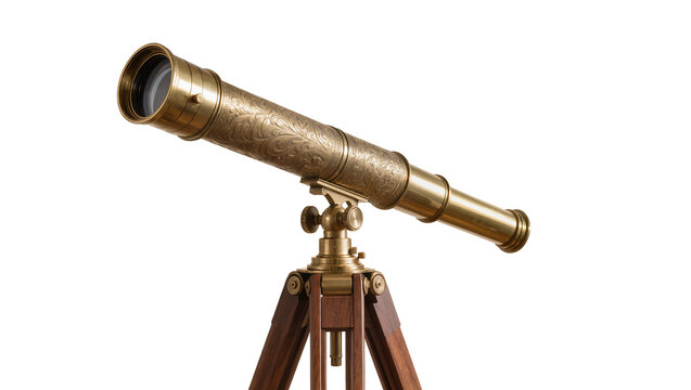 Isolated antique brass telescope with ornate engravings on a dark wooden tripod