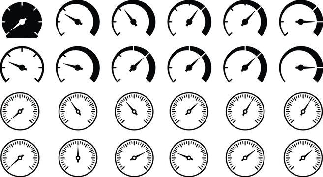 Speedometer and gauge meter icons collection with different indicator levels monochrome vector illustration set for dashboard design